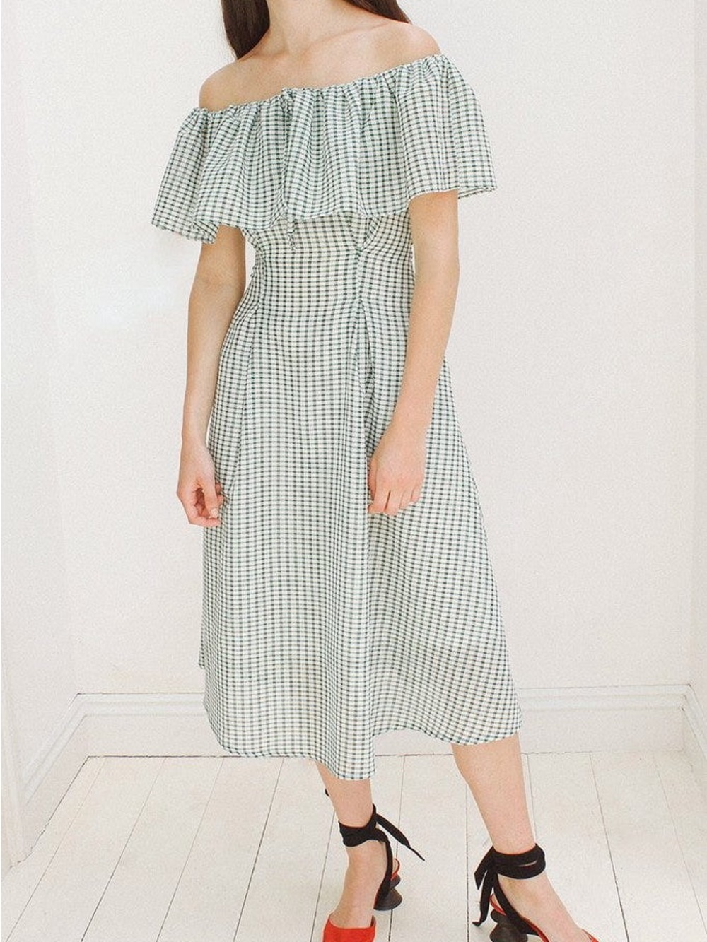 Rejina Pyo Green Gingham One-Shoulder Ruffle Midi